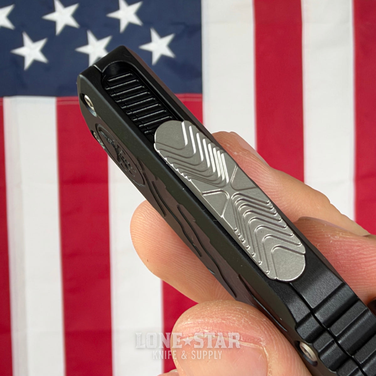 The Back Door: Microtech Ultratech Spartan Gen IV OTF - Topographic Black Deep Engraved, 3.5" M390MK Stonewash Dagger - Made in USA (12234TP-10) (Return)