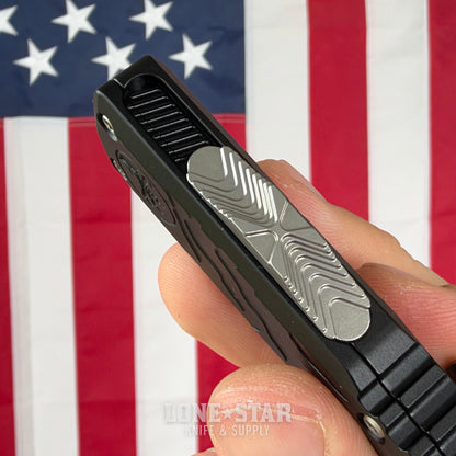 The Back Door: Microtech Ultratech Spartan Gen IV OTF - Topographic Black Deep Engraved, 3.5" M390MK Stonewash Dagger - Made in USA (12234TP-10) (Return)