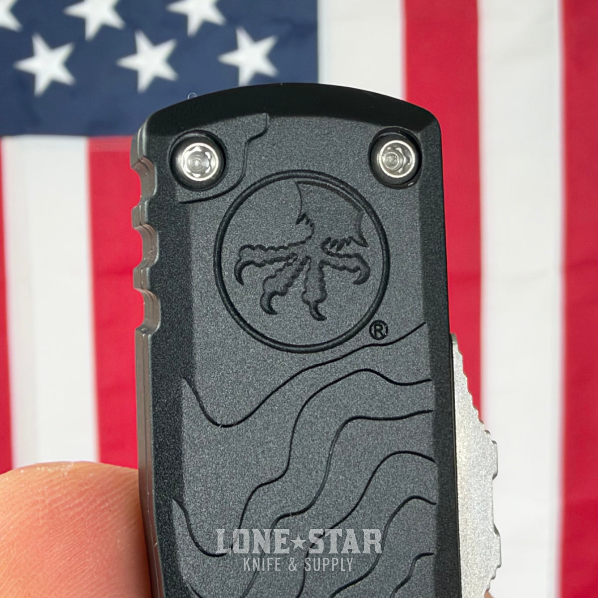 The Back Door: Microtech Ultratech Spartan Gen IV OTF - Topographic Black Deep Engraved, 3.5" M390MK Stonewash Dagger - Made in USA (12234TP-10) (Return)