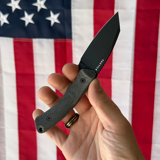 Redhawk Fixed Blade – Black Cerakote MagnaCut Reverse Tanto, 3D Contoured Micarta Handles, Kydex Sheath – Made in USA