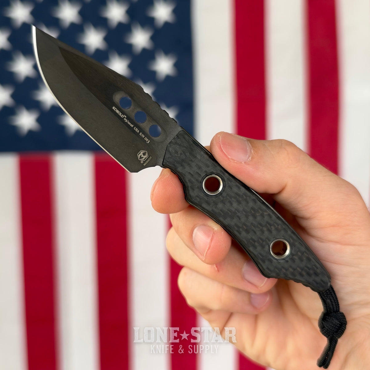 The Back Door: Heretic Kobold Bowie 2.56" Fixed Blade - DLC Black MagnaCut, Glow Carbon Fiber, Serial 13 - Made in USA (H065-6A-GLOCF) (Trade In)