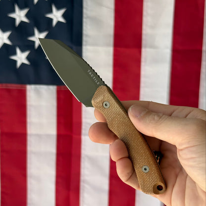 Redhawk Fixed Blade – Green Cerakote MagnaCut Reverse Tanto, 3D Contoured Micarta Handles, Leather Sheath – Made in USA