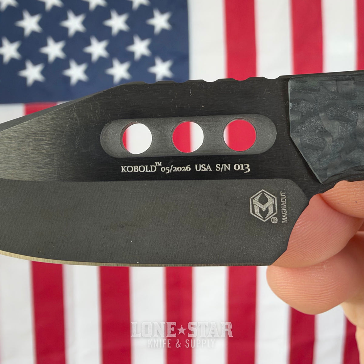 The Back Door: Heretic Kobold Bowie 2.56" Fixed Blade - DLC Black MagnaCut, Glow Carbon Fiber, Serial 13 - Made in USA (H065-6A-GLOCF) (Trade In)