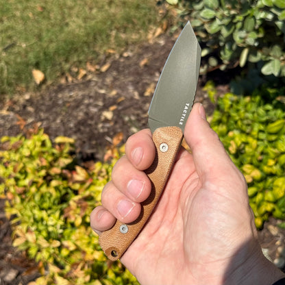 Redhawk Fixed Blade – Green Cerakote MagnaCut Reverse Tanto, 3D Contoured Micarta Handles, Leather Sheath – Made in USA