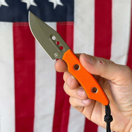 Heretic Kobold Bowie 2.8" Fixed Blade – OD Green Blade, Orange G10, MagnaCut – Made in USA (H065-18A-OG-G10)