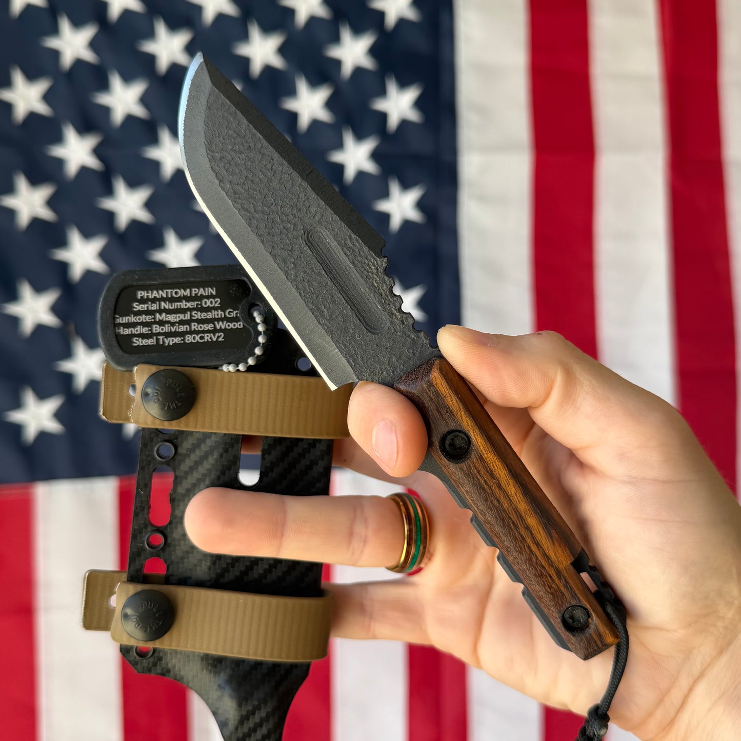 Severed Metal Works Phantom Pain 3.7" Fixed Blade – 80CrV2, Harpoon Back, Kydex Sheath – Made in USA