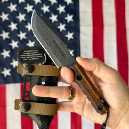 Severed Metal Works Phantom Pain 3.7" Fixed Blade – 80CrV2, Harpoon Back, Kydex Sheath – Made in USA