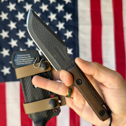 Severed Metal Works Phantom Pain 3.7" Fixed Blade – 80CrV2, Harpoon Back, Kydex Sheath – Made in USA
