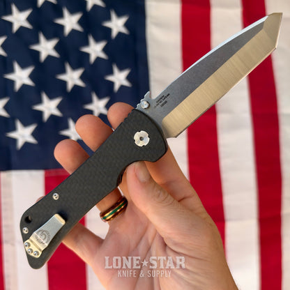 The Back Door: Southern Grind Bad Monkey - Black Carbon Fiber, 3.875" 14C28N Satin Tanto, Emerson Wave - Made in USA (SG02050008) (Trade In)