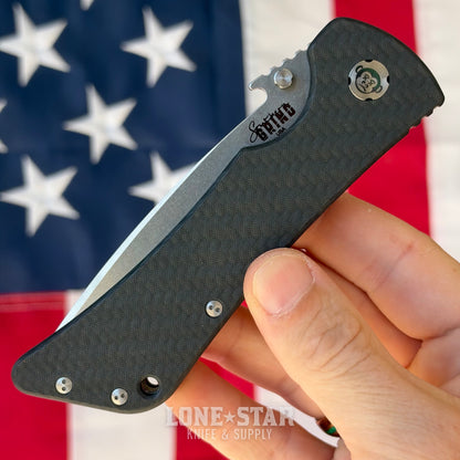 The Back Door: Southern Grind Bad Monkey - Black Carbon Fiber, 3.875" 14C28N Satin Tanto, Emerson Wave - Made in USA (SG02050008) (Trade In)