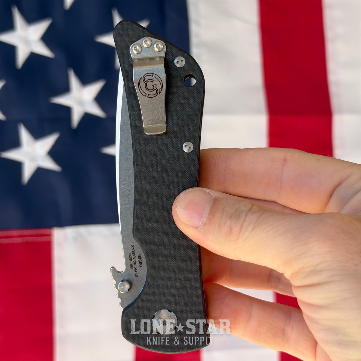The Back Door: Southern Grind Bad Monkey - Black Carbon Fiber, 3.875" 14C28N Satin Tanto, Emerson Wave - Made in USA (SG02050008) (Trade In)