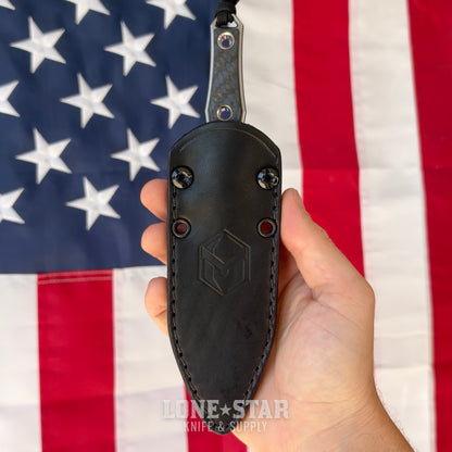 The Back Door: Heretic Mini Nephilim 4" MagnaCut Dagger, Stonewash Fully Serrated, Carbon Fiber Scales, JRE Leather Sheath - Made in USA (H069-2C-CF) (Return)