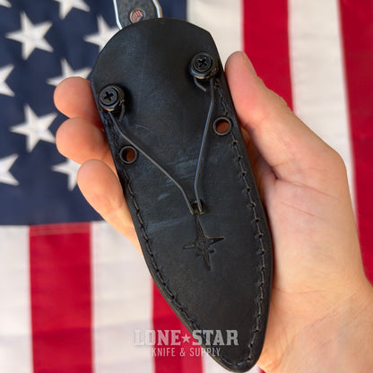 The Back Door: Heretic Mini Nephilim 4" MagnaCut Dagger, Stonewash Fully Serrated, Carbon Fiber Scales, JRE Leather Sheath - Made in USA (H069-2C-CF) (Return)