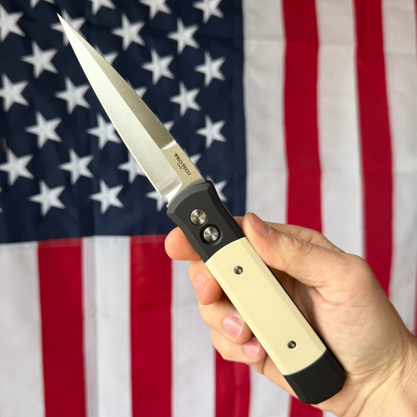 Pro-Tech Godfather Tux 4" Button Lock Auto – Black Aluminum, Ivory Micarta Inlay, 154CM – Made in USA (PTK951)