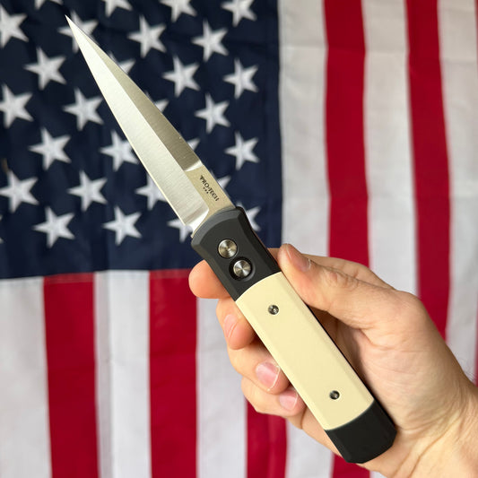 Pro-Tech Godfather Tux 4" Button Lock Auto – Black Aluminum, Ivory Micarta Inlay, 154CM – Made in USA (PTK951)