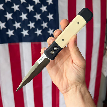 Pro-Tech Godfather Tux 4" Button Lock Auto – Black Aluminum, Ivory Micarta Inlay, 154CM – Made in USA (PTK951)