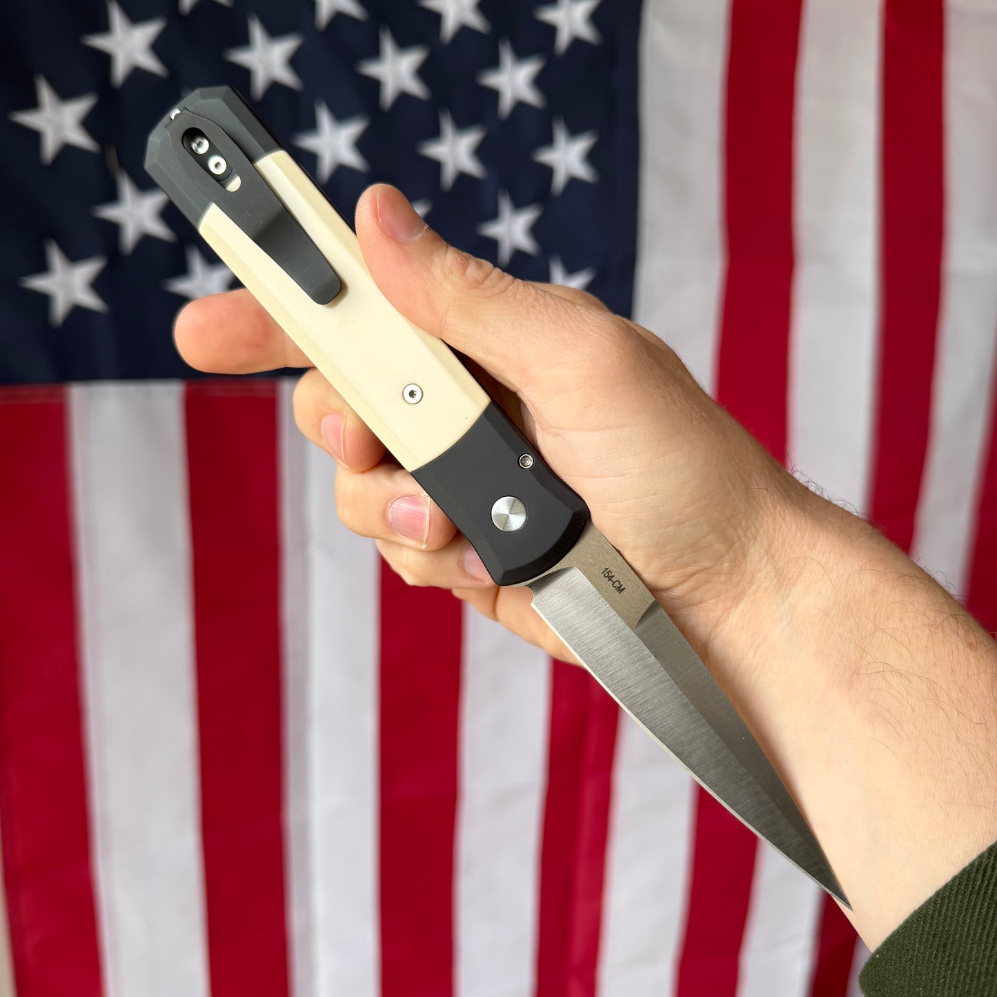 Pro-Tech Godfather Tux 4" Button Lock Auto – Black Aluminum, Ivory Micarta Inlay, 154CM – Made in USA (PTK951)