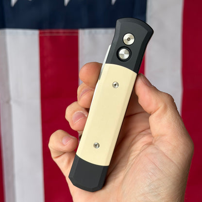 Pro-Tech Godfather Tux 4" Button Lock Auto – Black Aluminum, Ivory Micarta Inlay, 154CM – Made in USA (PTK951)