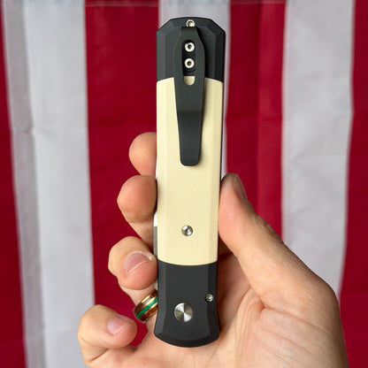 Pro-Tech Godfather Tux 4" Button Lock Auto – Black Aluminum, Ivory Micarta Inlay, 154CM – Made in USA (PTK951)