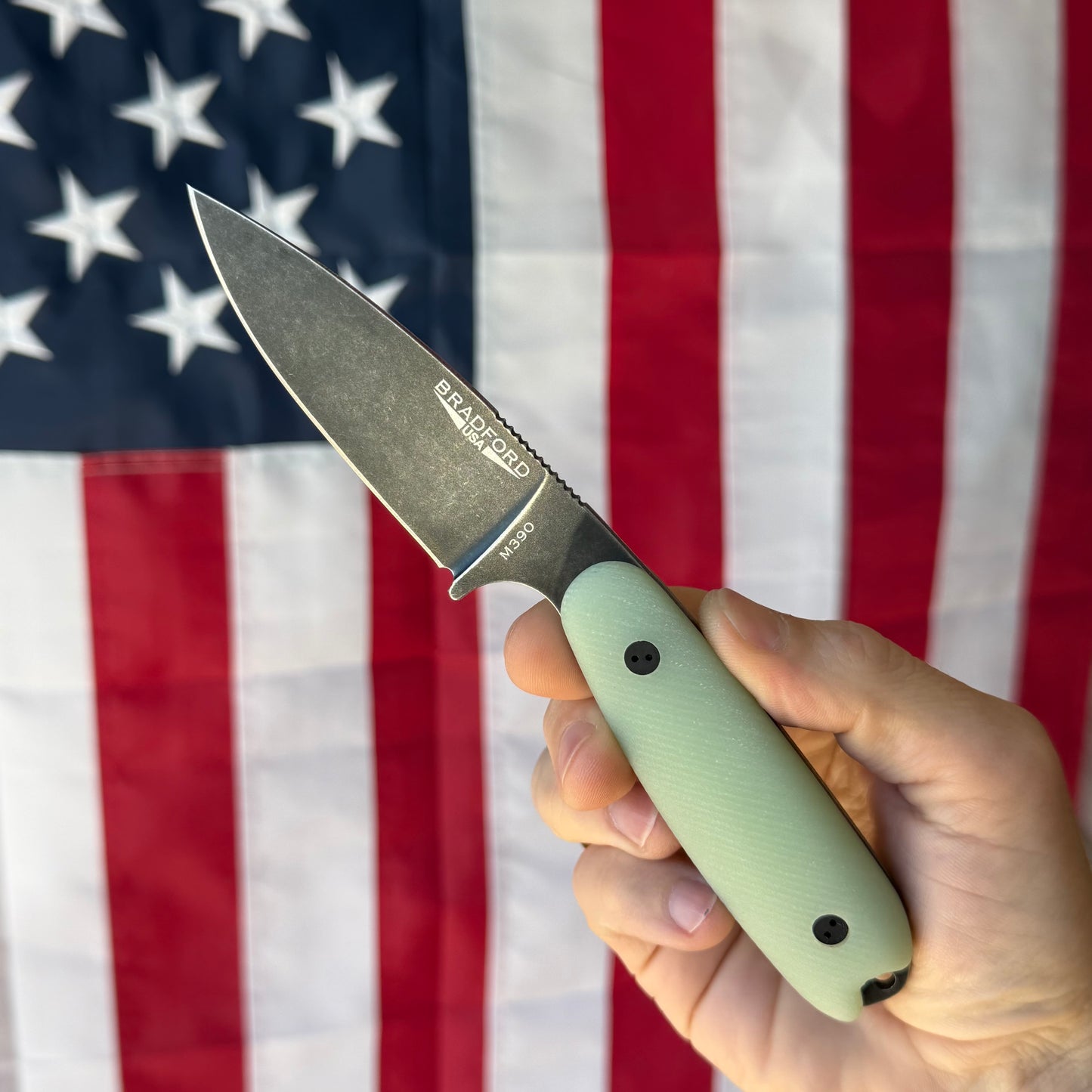 The Back Door: Used – Bradford Guardian 3.5 3.75" Fixed Blade, M390, Jade G10, New Scales and Leather Sheath – Made in USA