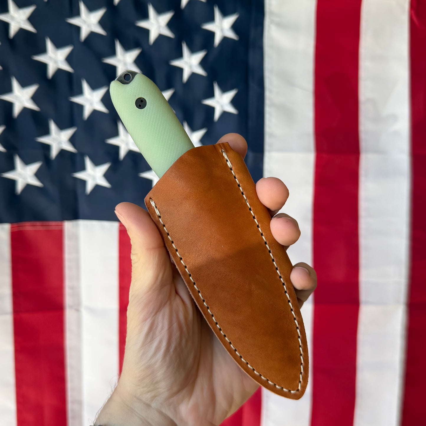 The Back Door: Used – Bradford Guardian 3.5 3.75" Fixed Blade, M390, Jade G10, New Scales and Leather Sheath – Made in USA