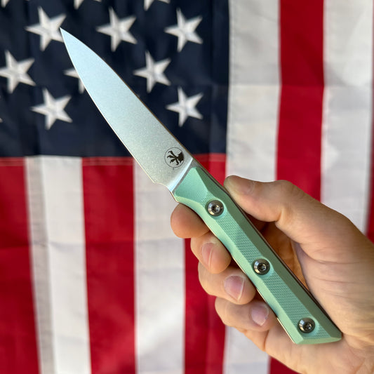 The Back Door: Microtech Paring Knife 3.5" Fixed Blade, M390MK Stonewash, Caribbean Blue G10 – Made in USA (3500-10CA)