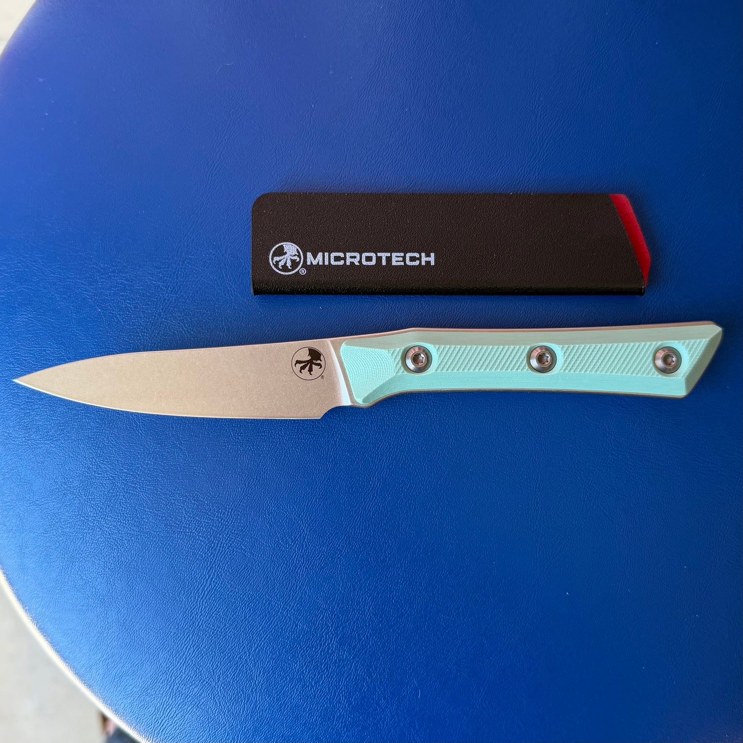 The Back Door: Microtech Paring Knife 3.5" Fixed Blade, M390MK Stonewash, Caribbean Blue G10 – Made in USA (3500-10CA)