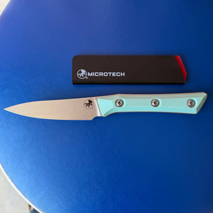 The Back Door: Microtech Paring Knife 3.5" Fixed Blade, M390MK Stonewash, Caribbean Blue G10 – Made in USA (3500-10CA)