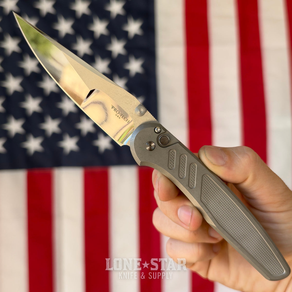 Pro-Tech Avalon Thumb Stud Custom 001, Peace Neighbor Design, Mike Irie Mirror Polished 154CM, Knurled 17-4 Steel Handle - Made in USA