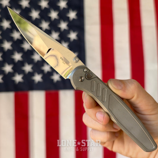 Pro-Tech Avalon Thumb Stud Custom 001, Peace Neighbor Design, Mike Irie Mirror Polished 154CM, Knurled 17-4 Steel Handle - Made in USA