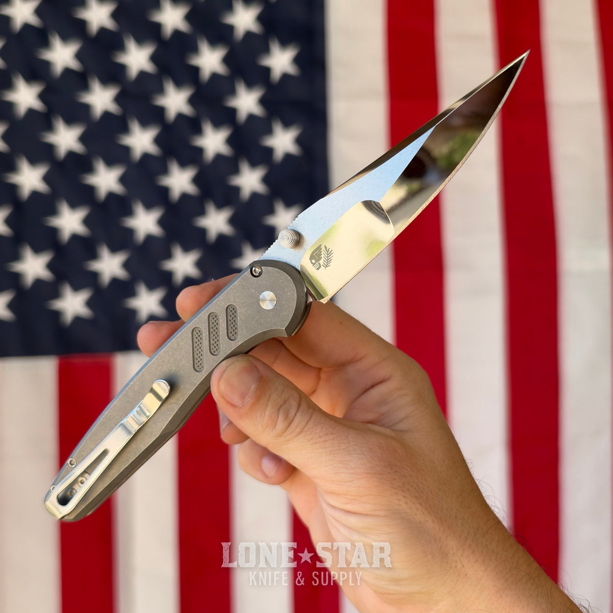 Pro-Tech Avalon Thumb Stud Custom 001, Peace Neighbor Design, Mike Irie Mirror Polished 154CM, Knurled 17-4 Steel Handle - Made in USA