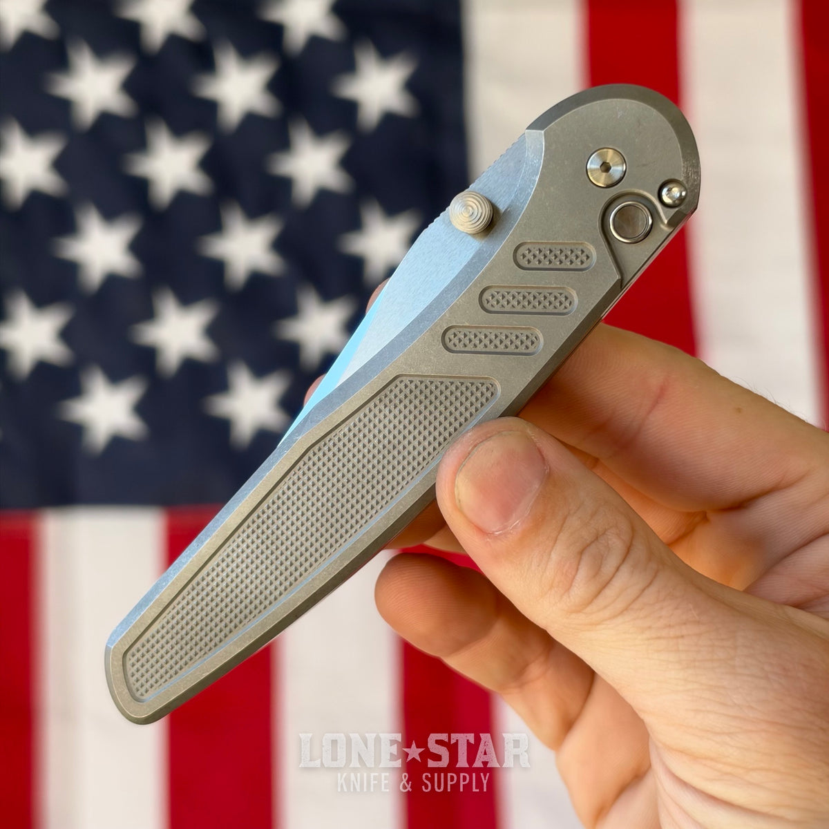 Pro-Tech Avalon Thumb Stud Custom 001, Peace Neighbor Design, Mike Irie Mirror Polished 154CM, Knurled 17-4 Steel Handle - Made in USA