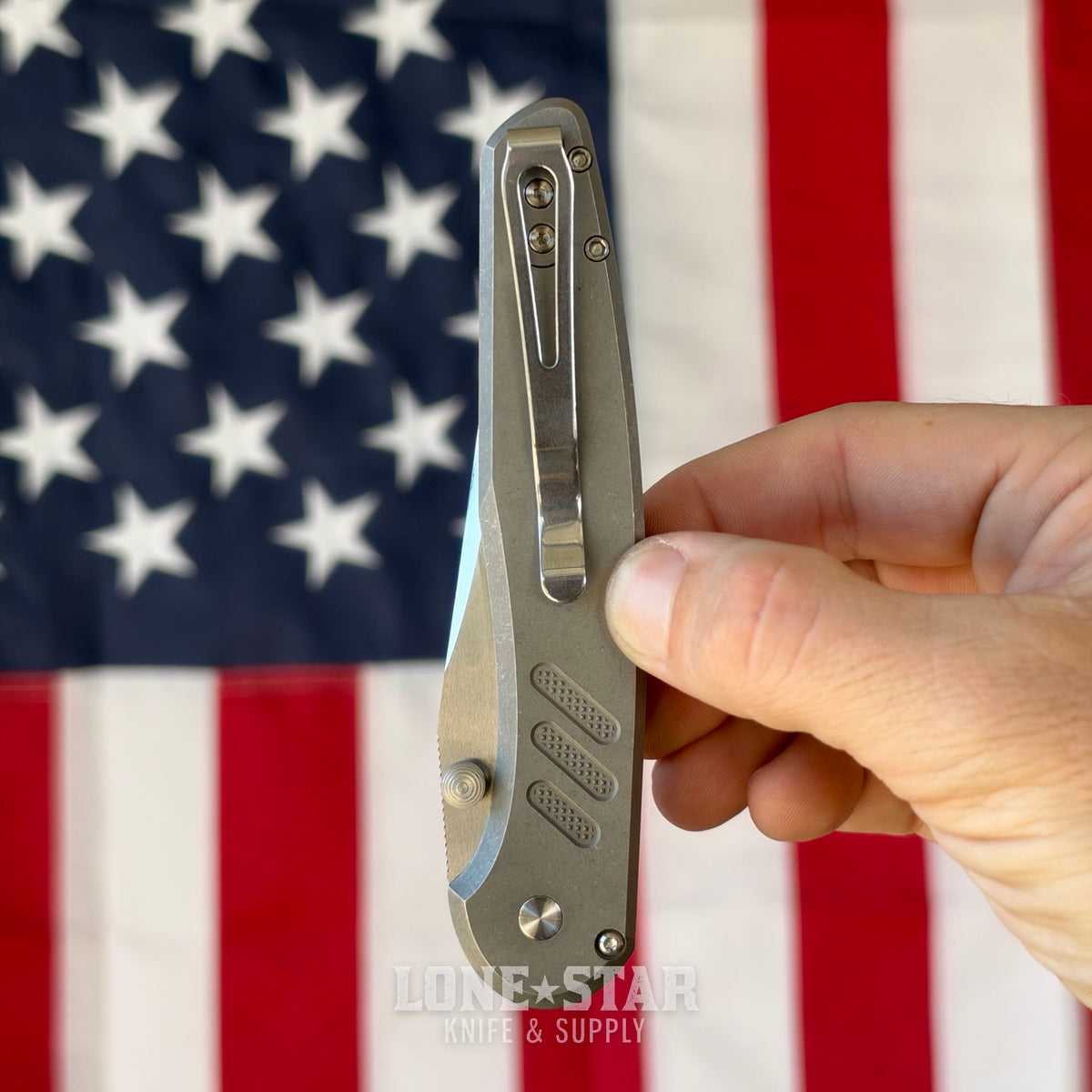 Pro-Tech Avalon Thumb Stud Custom 001, Peace Neighbor Design, Mike Irie Mirror Polished 154CM, Knurled 17-4 Steel Handle - Made in USA
