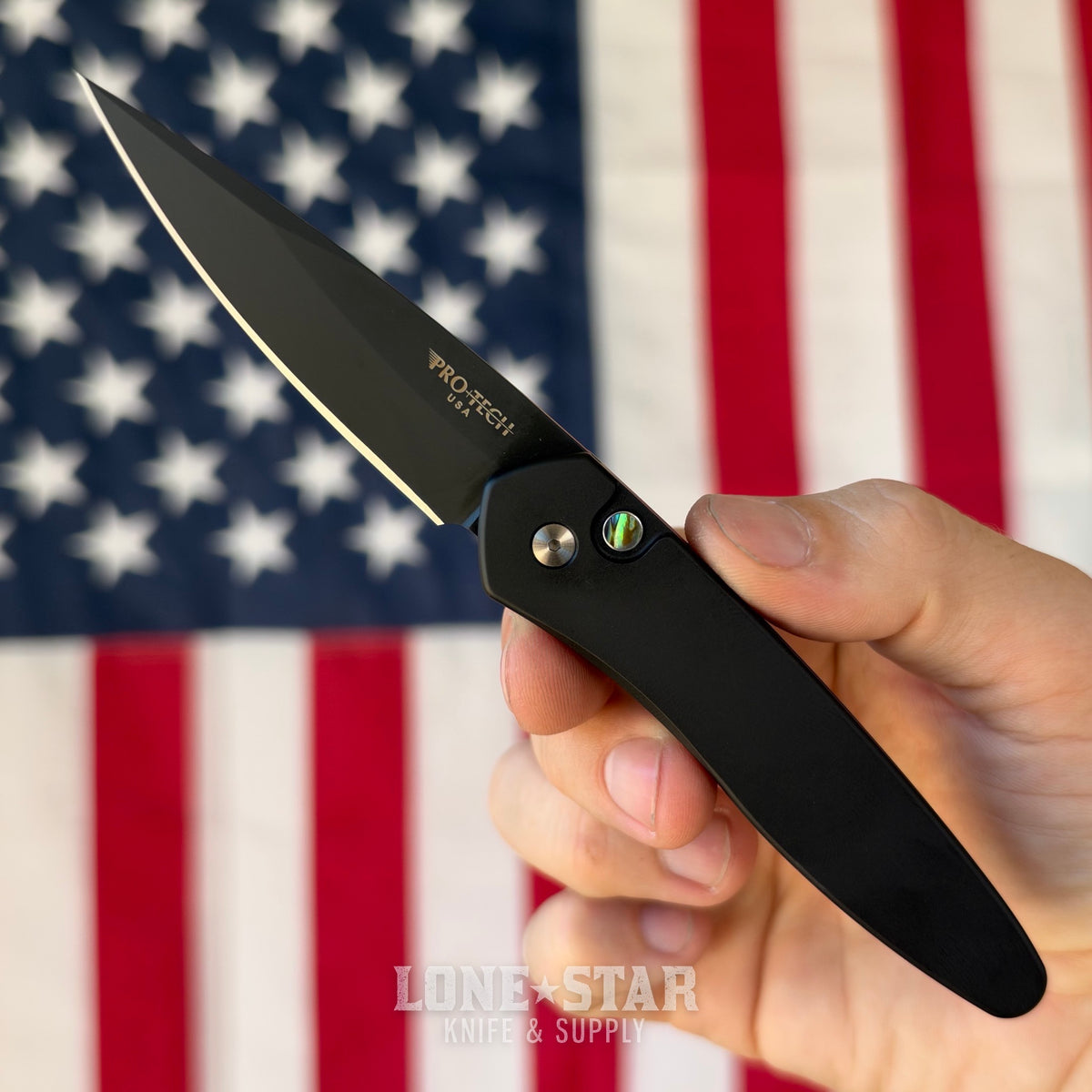 Pro-Tech Newport, Blade Show West 2026 Exclusive, DLC Black S35VN, Abalone Button, Black Handle - Made in USA (BSW26.Newport.1)