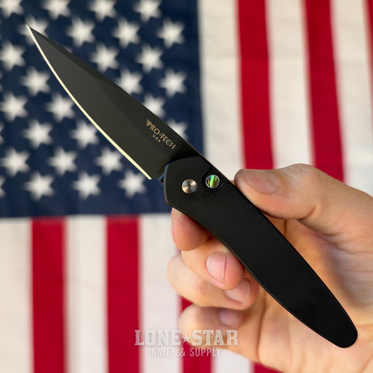 Pro-Tech Newport, Blade Show West 2026 Exclusive, DLC Black S35VN, Abalone Button, Black Handle - Made in USA (BSW26.Newport.1)