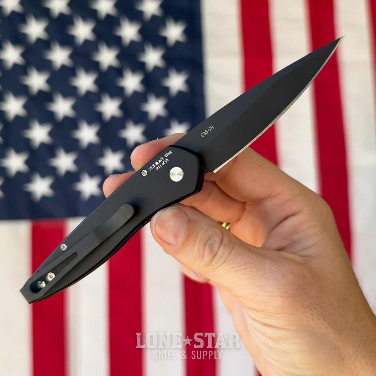 Pro-Tech Newport, Blade Show West 2026 Exclusive, DLC Black S35VN, Abalone Button, Black Handle - Made in USA (BSW26.Newport.1)