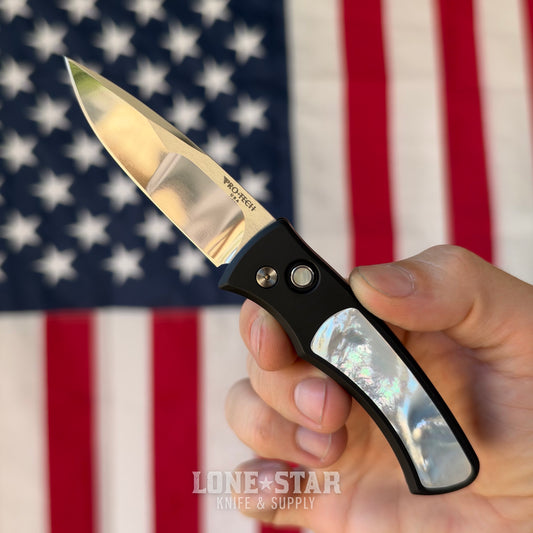 Pro-Tech Duke 2 Custom, Blade Show West 2026 Exclusive, 2.7" Mike Irie Mirror Polished Blade, Black Aluminum with White Pearl Inlay - Made in USA (BSW26.Duke.1)