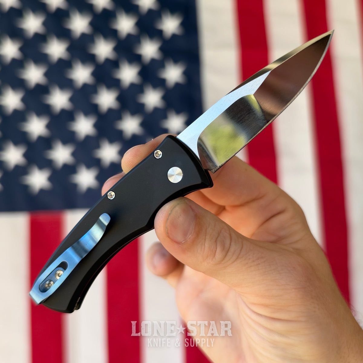 Pro-Tech Duke 2 Custom, Blade Show West 2026 Exclusive, 2.7" Mike Irie Mirror Polished Blade, Black Aluminum with White Pearl Inlay - Made in USA (BSW26.Duke.1)