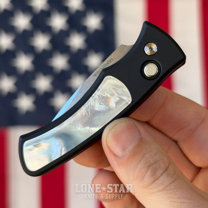Pro-Tech Duke 2 Custom, Blade Show West 2026 Exclusive, 2.7" Mike Irie Mirror Polished Blade, Black Aluminum with White Pearl Inlay - Made in USA (BSW26.Duke.1)