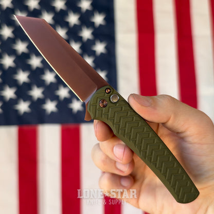 Pro-Tech Malibu Flipper, Blade Show West 2026 Exclusive, 3.3" Copper Rose PVD MagnaCut Reverse Tanto, Green Tread Aluminum - Made in USA (BSW26.Malibu.1)