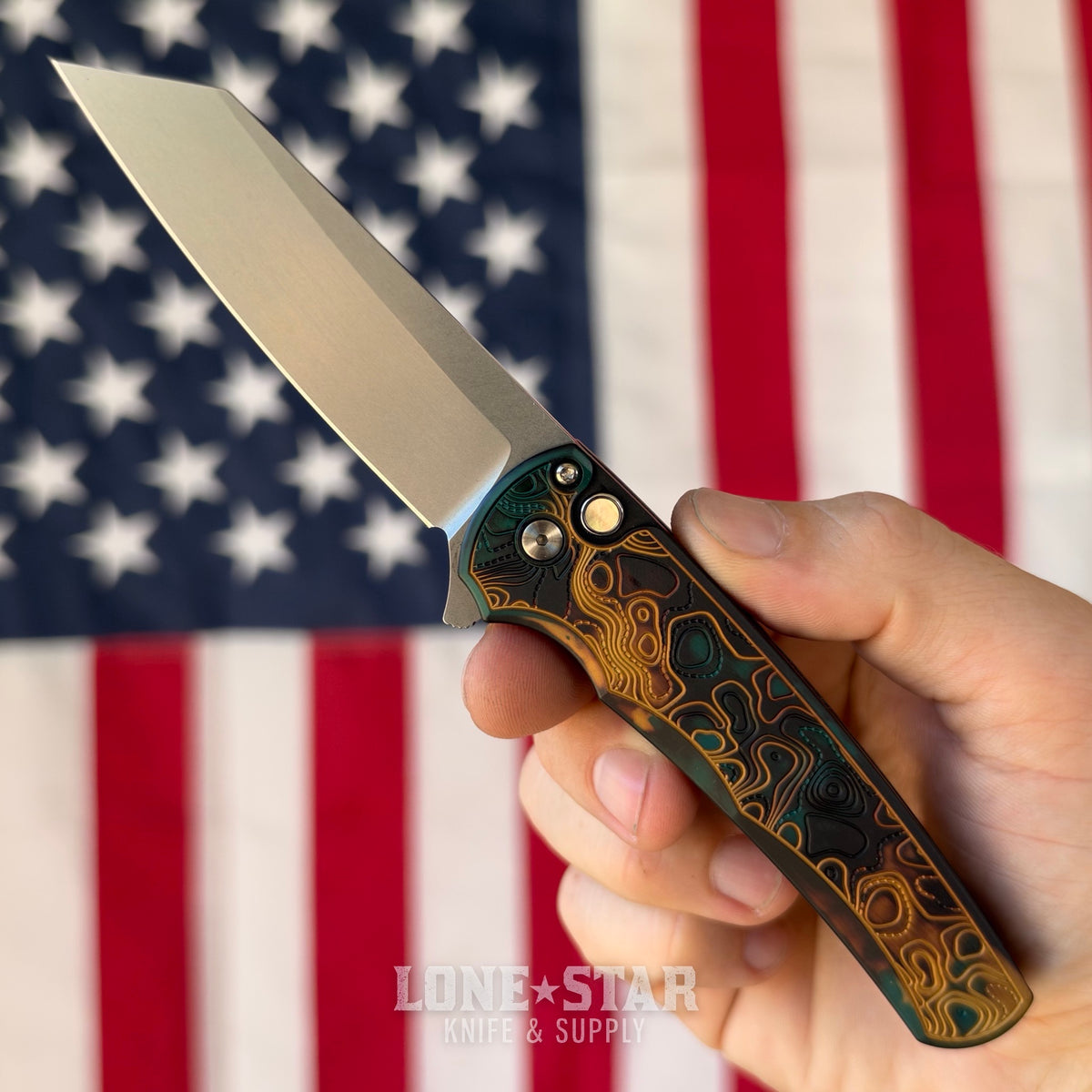Pro-Tech Malibu Flipper, Shipwreck Anodized Topographic Handle, 3.3" Stonewash MagnaCut Reverse Tanto - Made in USA (5405 TOPO-SHIPWRECK)