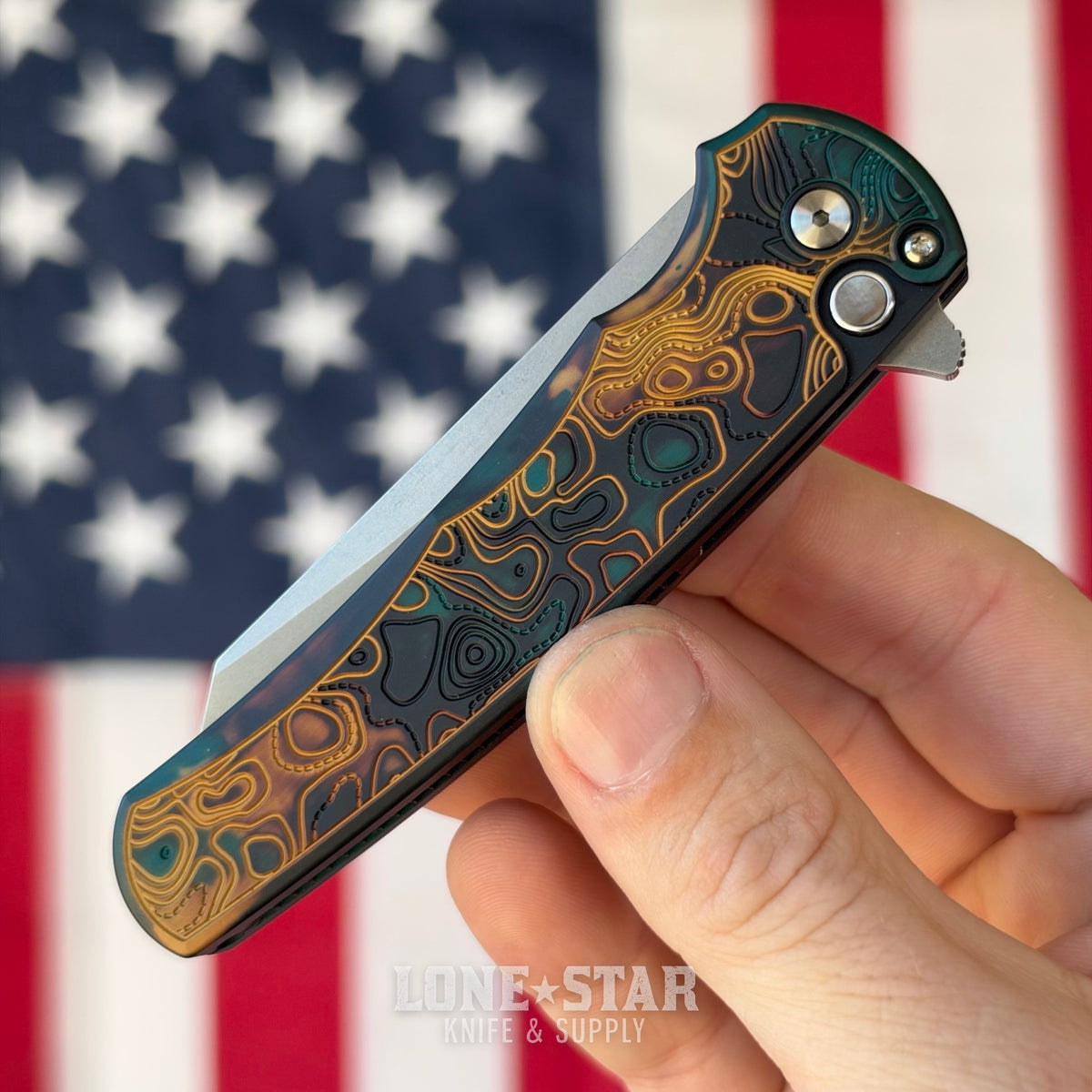 Pro-Tech Malibu Flipper, Shipwreck Anodized Topographic Handle, 3.3" Stonewash MagnaCut Reverse Tanto - Made in USA (5405 TOPO-SHIPWRECK)