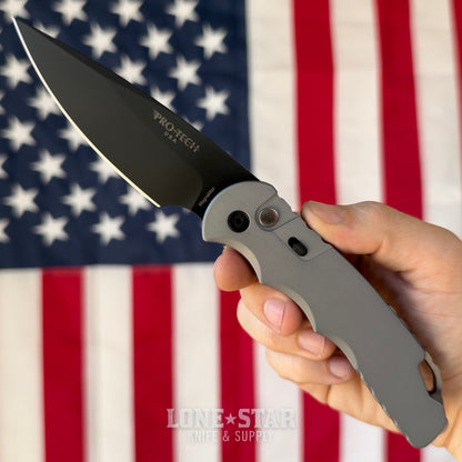 Pro-Tech TR-4 Auto, 4" DLC Black MagnaMax Saber Grind, Grey Handle, Secondary Safety - Made in USA (BSW26.TR4.1)