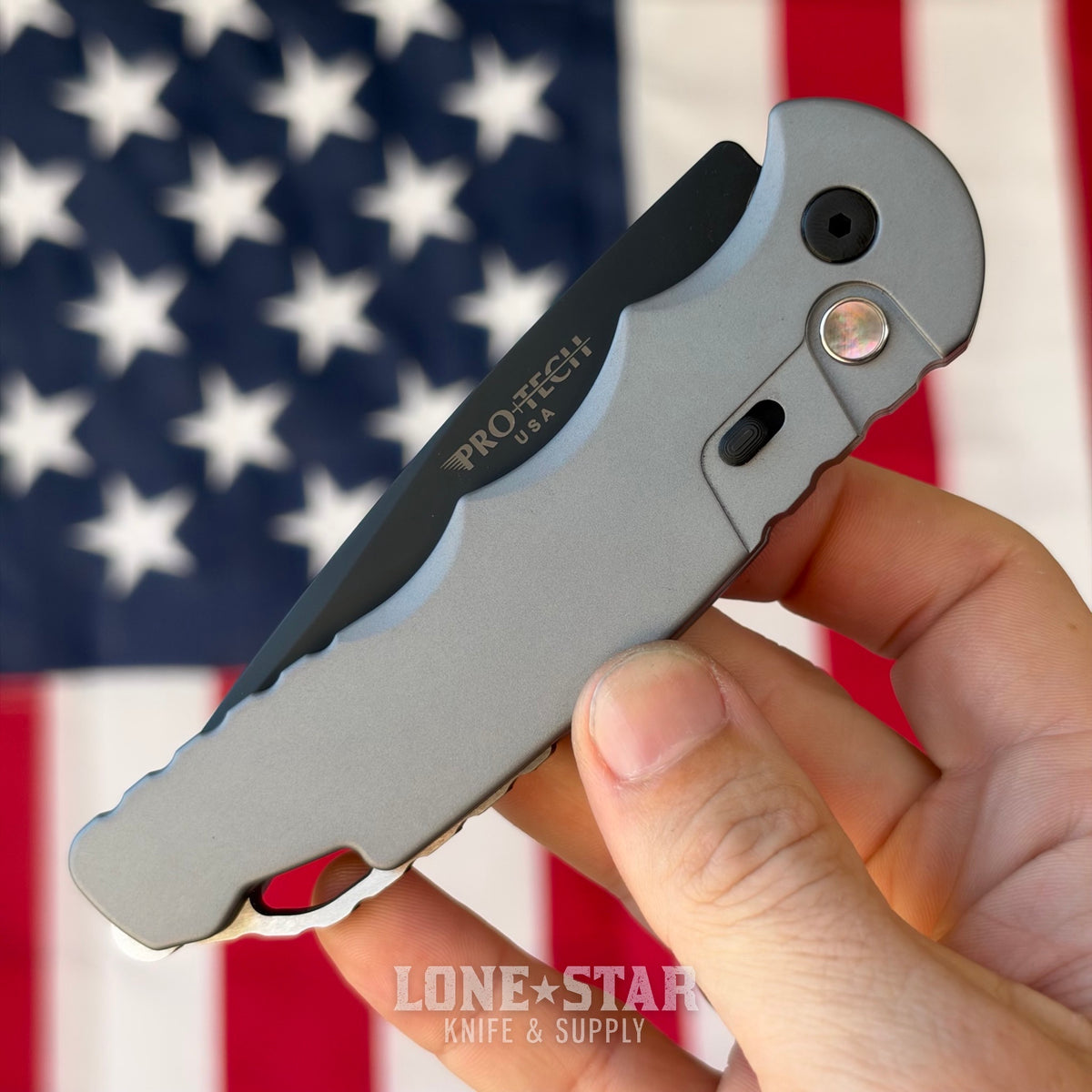 Pro-Tech TR-4 Auto, 4" DLC Black MagnaMax Saber Grind, Grey Handle, Secondary Safety - Made in USA (BSW26.TR4.1)