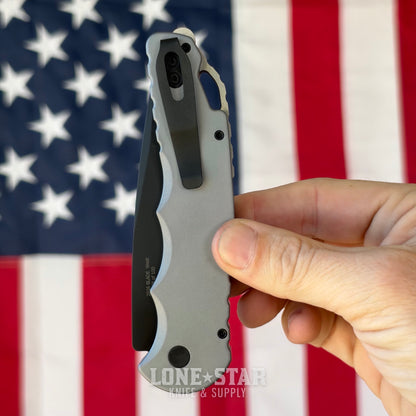 Pro-Tech TR-4 Auto, 4" DLC Black MagnaMax Saber Grind, Grey Handle, Secondary Safety - Made in USA (BSW26.TR4.1)