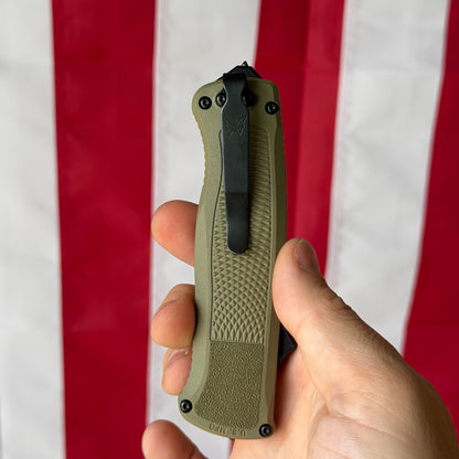 Benchmade Shootout 3.494" OTF Auto – Ranger Green Grivory, CPM-CruWear Black DLC Drop Point – Made in USA (5371BK-01)