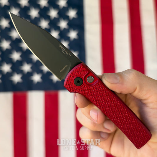 Pro-Tech Scapegoat Compact Auto, Ramon Chavez Design, DLC Black MagnaMax, Carbide Textured Red Aluminum - Made in USA (BSW26.Scapegoat.2)