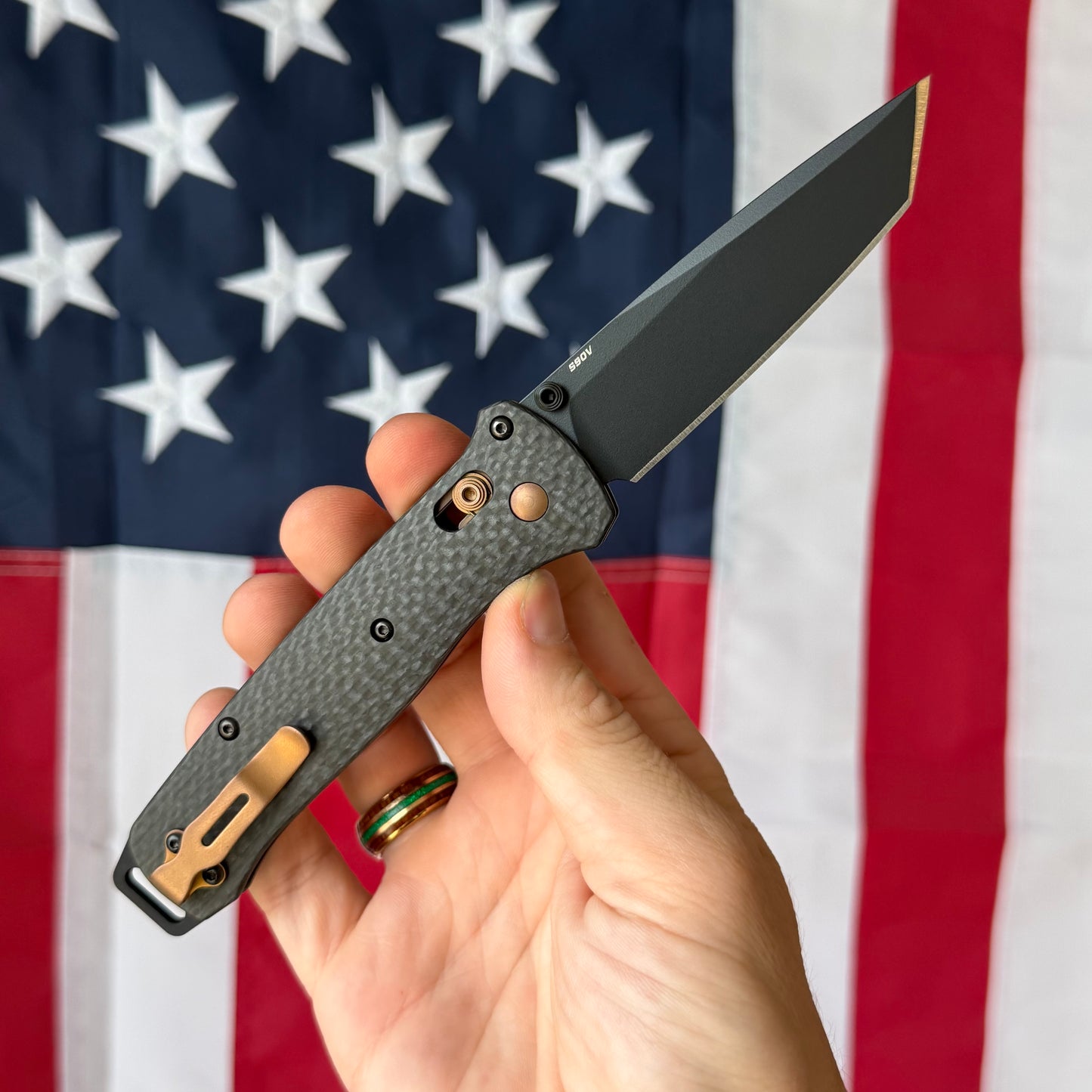 Benchmade Bailout 3.38" AXIS Lock – Carbon Fiber, CPM-S90V Black Cerakote Tanto, Dark Copper – Made in USA (537BK-10)