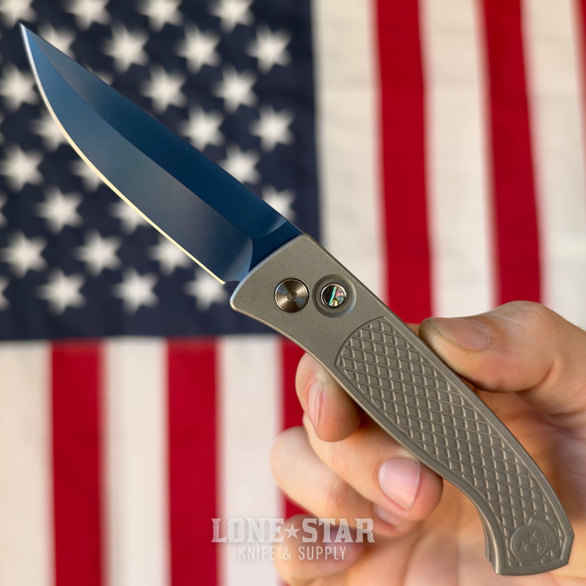 Pro-Tech Brend Classic Auto Custom 002, Walter Brend Design, Sapphire Blue MagnaCut, Blasted 17-4 Steel Handles - Made in USA
