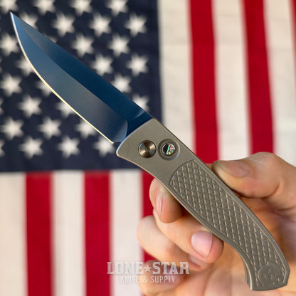 Pro-Tech Brend Classic Auto Custom 002, Walter Brend Design, Sapphire Blue MagnaCut, Blasted 17-4 Steel Handles - Made in USA